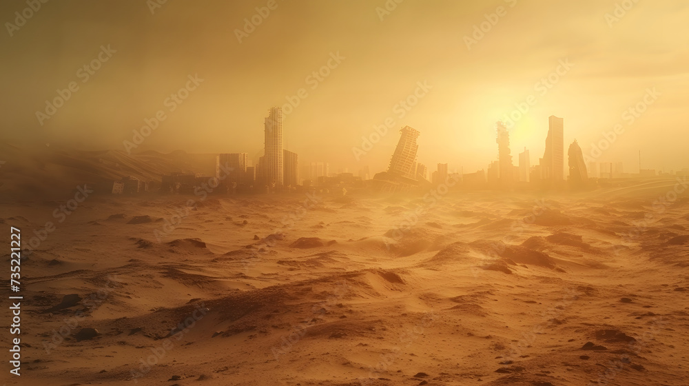 Fototapeta premium A post apocalypse desert with ruined city sky scraper in the distance