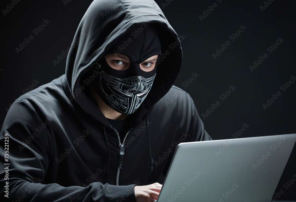 Cybercriminal in disguise peers at computer screen Cybercriminal in disguise peers at computer screen