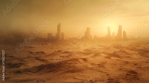 A post apocalypse desert with ruined city sky scraper in the distance