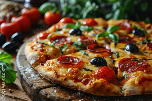Diavola Pizza with mozzarella cheese, tomatoes and black olives on wooden table. Diavola. Cheese Pull. Diavola Pizza on a Background with copyspace.