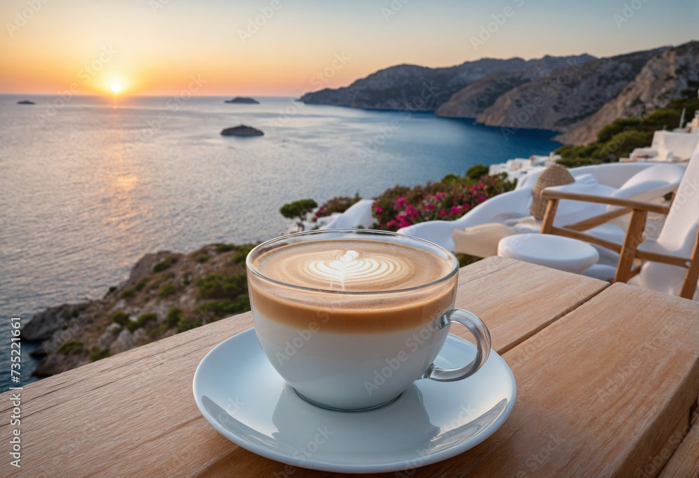 Evening Greek seascape backdrop with a cup of coffee Evening Greek seascape backdrop with a cup of coffee