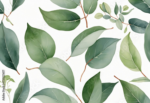 Watercolor painting of Eucalyptus leaf on white background
