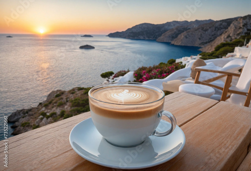 Evening Greek seascape backdrop with a cup of coffee