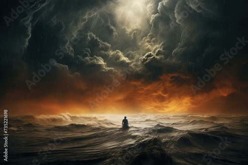 Person standing in front of storm. Sea sunset. Generate Ai © juliars