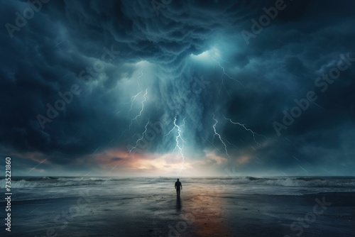 Determined Person standing in front of storm. Sea sunset. Generate Ai
