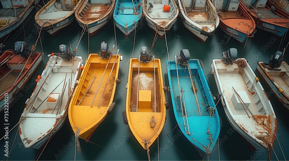 Top view boats stacked together in a random pattern at a fishery. Generative AI. Top view boats stacked together in a random pattern at a fishery. Generative AI.