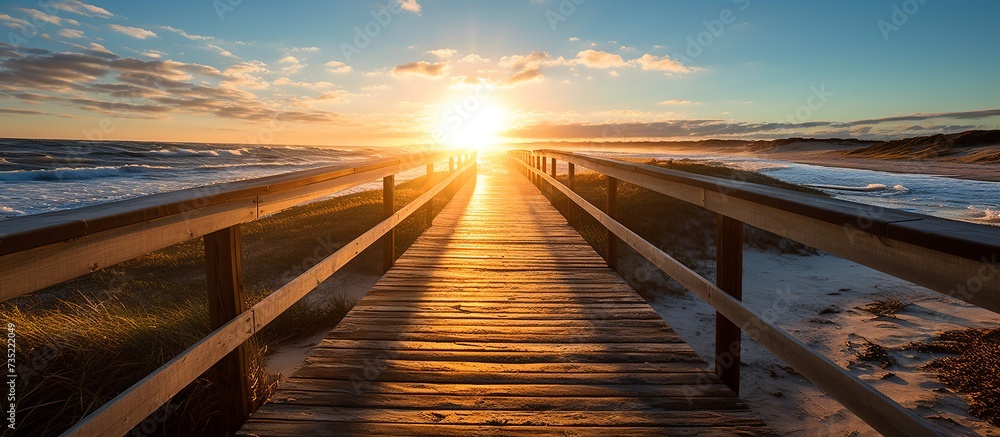 Wooden walkway in the middle of the beach with the blue sea - obrazy, fototapety, plakaty 