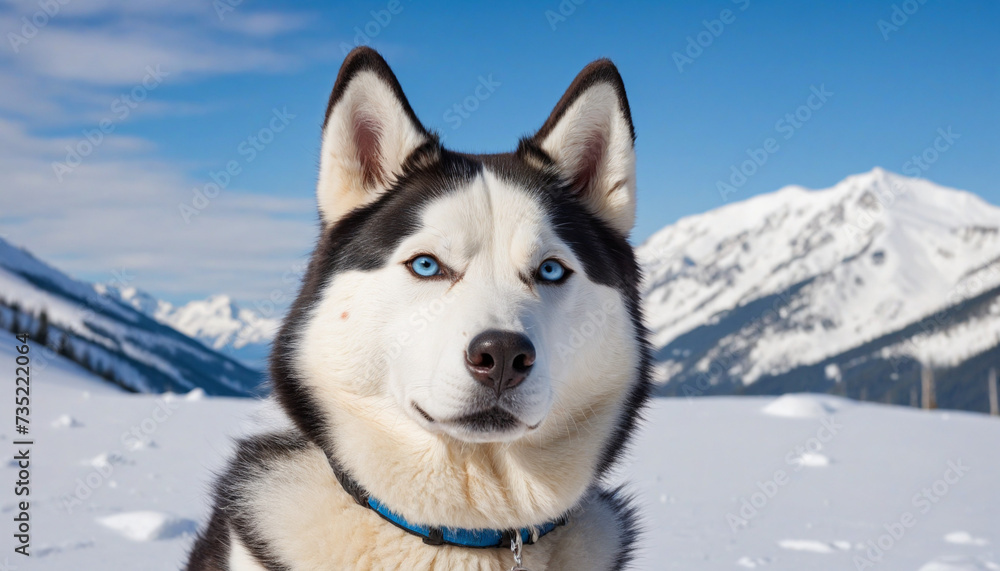 Majestic winter landscape with Siberian husky gazing at clear blue sky