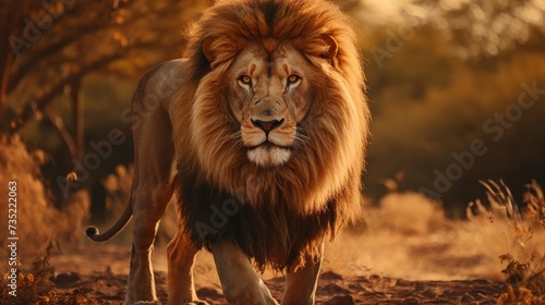 Majestic Lion Roaming Through Dry Grass Field