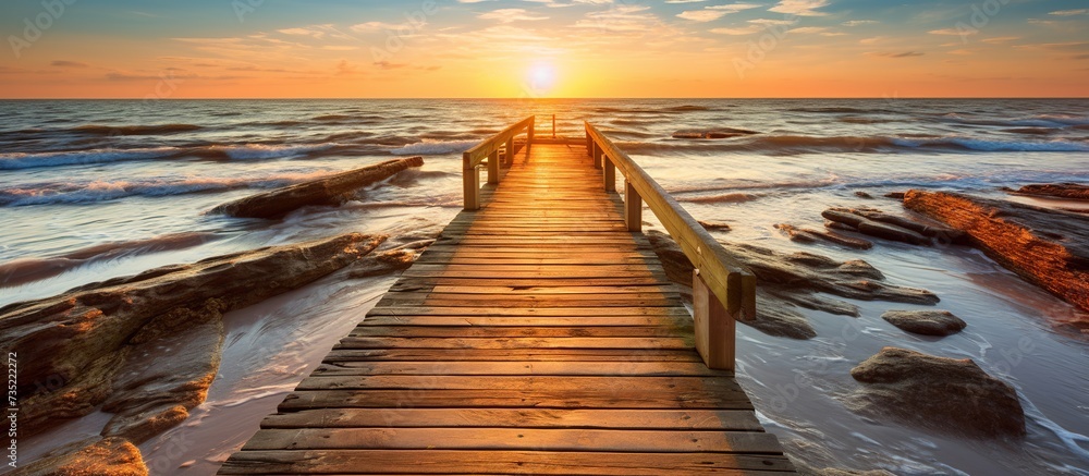 Wooden walkway in the middle of the beach with the blue sea - obrazy, fototapety, plakaty 