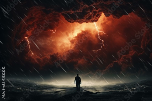 Brave Person standing in front of storm. Sea sunset. Generate Ai