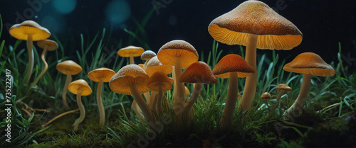 Dreamy close-up photo of vibrant neon psilocybin mushrooms