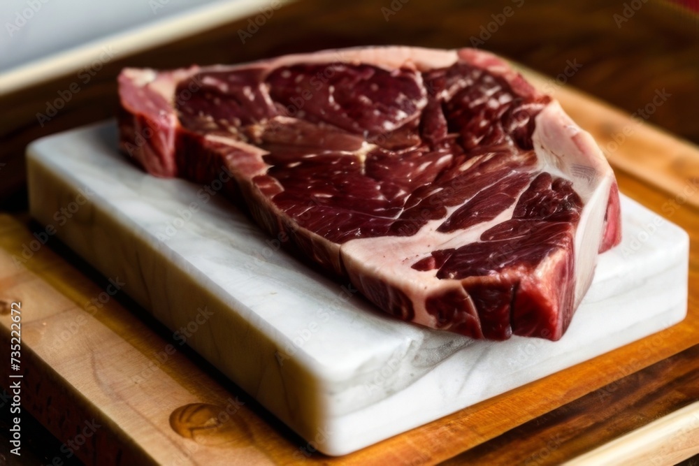 Raw porterhouse steak resting on a wooden cutting board, ready to be cooked Raw porterhouse steak resting on a wooden cutting board, ready to be cooked