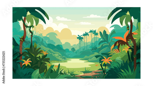 Tropical landscape with palm trees and mountains. Vector illustration