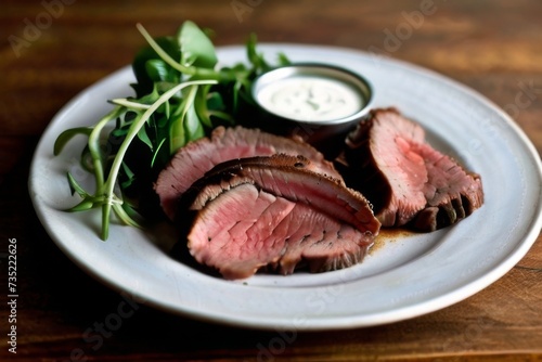 Plate of thinly sliced rare roast beef, served with horseradish sauce