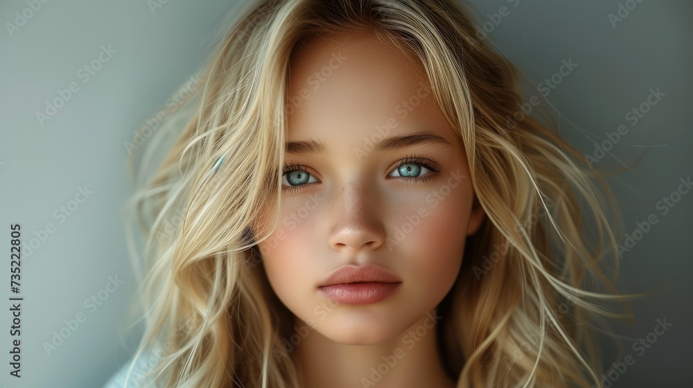 Young girl with blond fashion hairstyle looking at camera standing on gray background. Generative AI. Young girl with blond fashion hairstyle looking at camera standing on gray background. Generative AI.