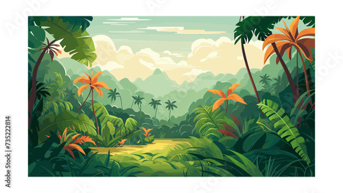 Beautiful tropical jungle landscape with exotic plants and flowers. Vector illustration
