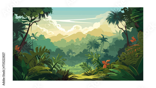 Beautiful tropical jungle landscape with exotic plants and flowers. Vector illustration © qpstudio
