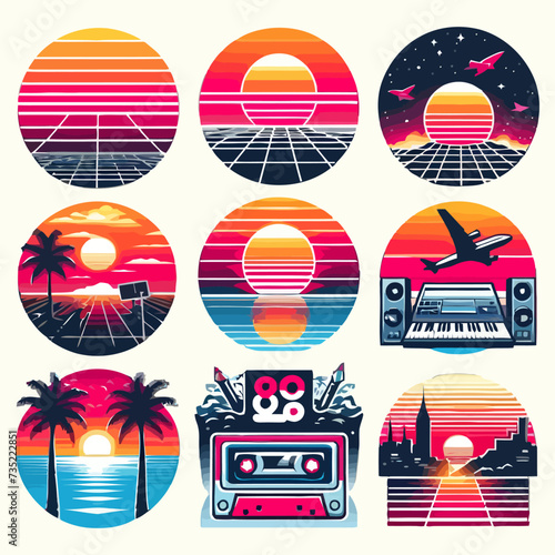  Set of retro sunsets in 80s and 90s style. Abstract sun at beach background with sunny vector