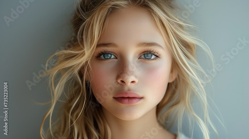 Young girl with blond fashion hairstyle looking at camera standing on gray background. Generative AI.