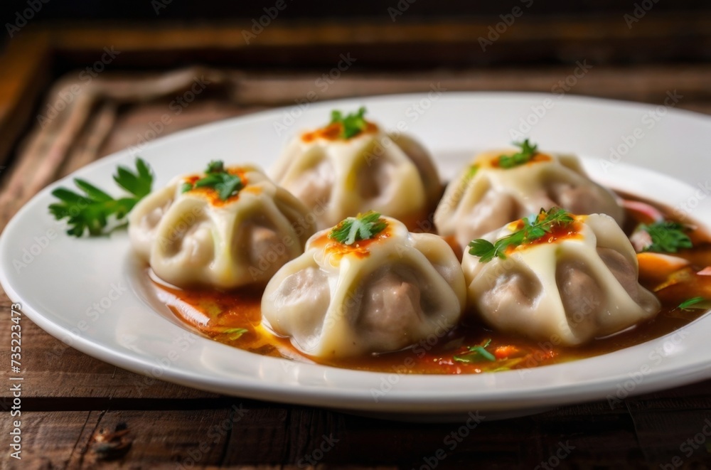 Russian dish of beef pelmeni, dumplings filled with seasoned beef Russian dish of beef pelmeni, dumplings filled with seasoned beef