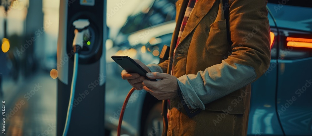 A man holding mobile phone and charging electric car at charging station at evening. AI generated - obrazy, fototapety, plakaty 
