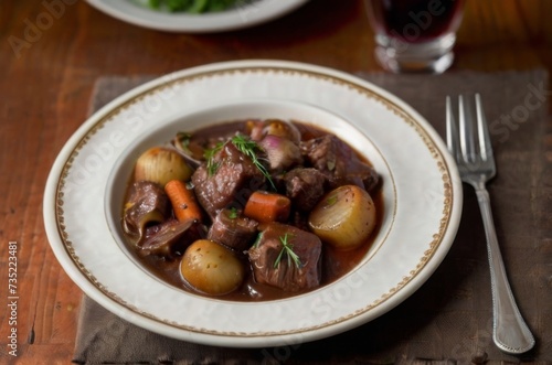 Plate of beef bourguignon, a French stew made with beef braised