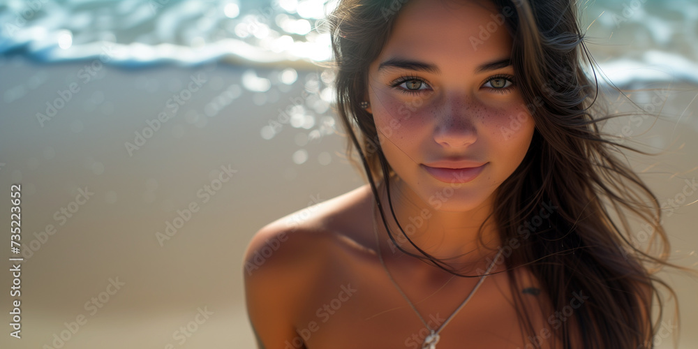 Tanned Woman with Freckles and long brown Hair is posing on a Beach With Sun in Background. Empty Copy Space for Message or Advertising Tanned Woman with Freckles and long brown Hair is posing on a Beach With Sun in Background. Empty Copy Space for Message or Advertising