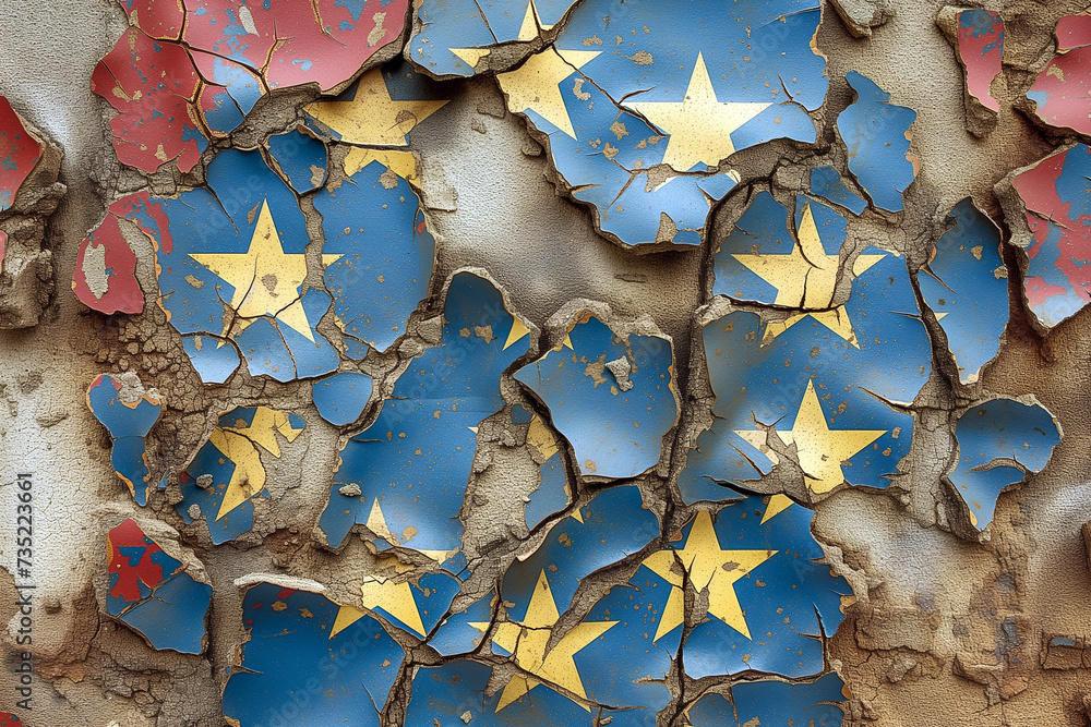 Fractured Europe: A shattered mosaic of the European flag lies on the ground