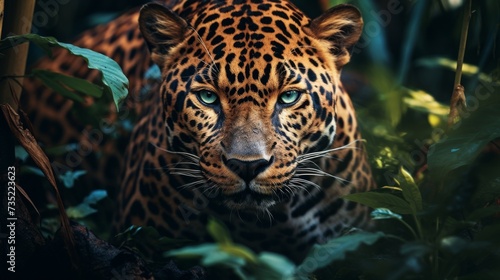 Majestic Leopard Roaming Through a Verdant Green Forest