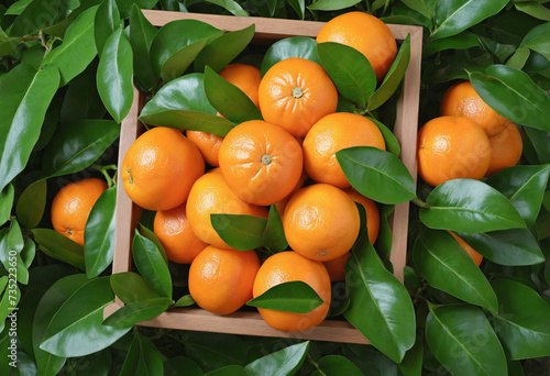 Fresh tangerines in a wooden crate with lush green foliage in the background