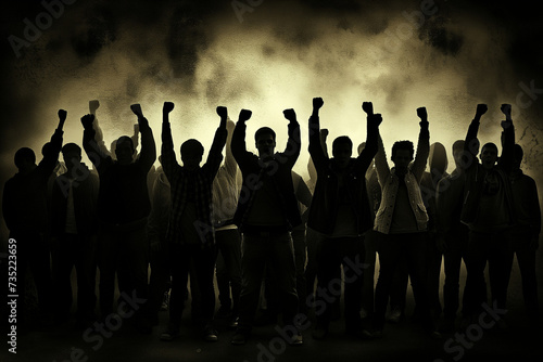 silhouettes of a group of people demonstrating with rised up fists. smoke in the background. 