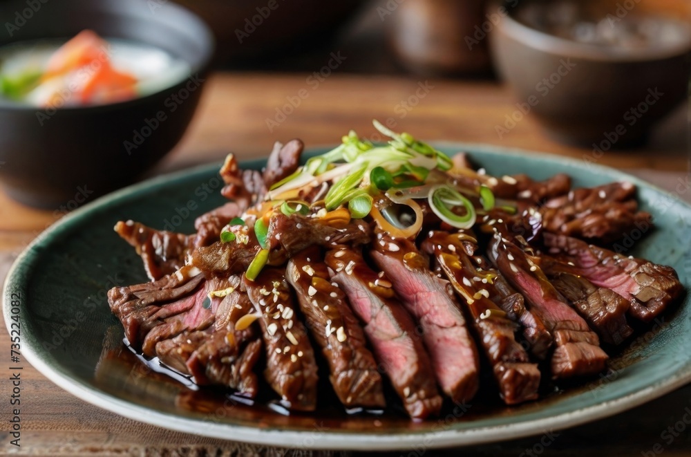 Plate of Korean bulgogi, thinly sliced marinated beef grilled to perfection Plate of Korean bulgogi, thinly sliced marinated beef grilled to perfection
