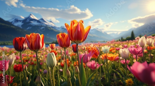 Colorful Flowers in a Field Under a Blue Sky