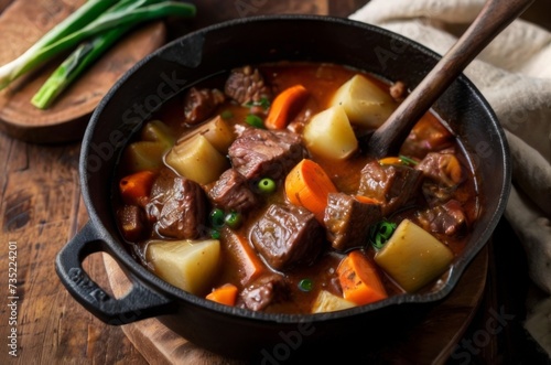 Hearty beef stew simmering in a cast iron pot, filled with tender chunks of meat and vegetables