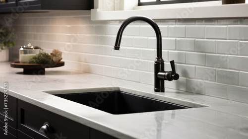 Modern kitchen sink with stainless steel faucet with mixer tap in modern kitchen with window. Copy space