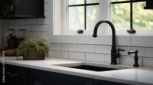 Modern kitchen sink with stainless steel faucet with mixer tap in modern kitchen with window. Copy space