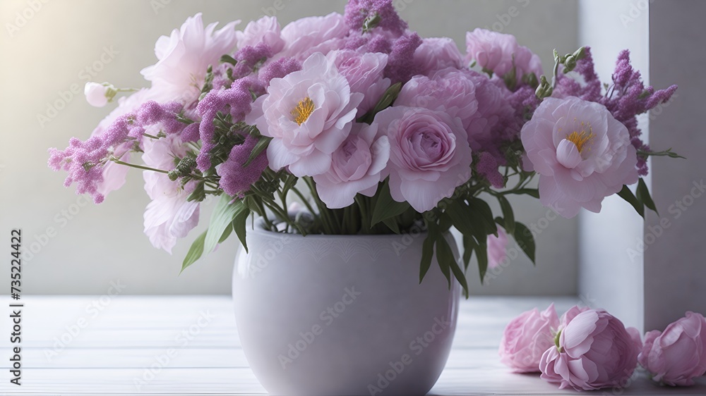 A serene scene featuring a beautifully arranged pot of vibrant flowers placed on a wooden table against a soft pink background.