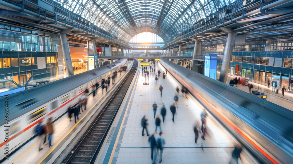 Motion blurred of passengers walking at modern train station. Motion blurred of passengers walking at modern train station.