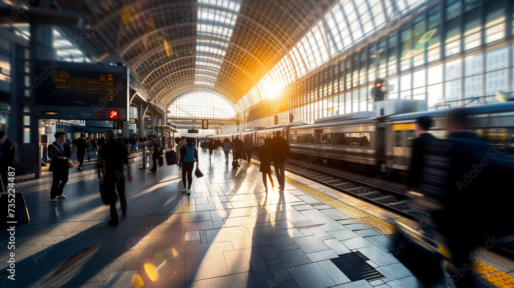 Motion blurred of passengers walking at modern train station. Motion blurred of passengers walking at modern train station.