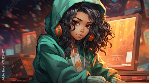 Digital artwork of a girl with headphones and a hoodie using a computer, surrounded by a vibrant, colorful environment © cvetikmart