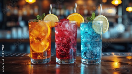 Colorful Drinks on a Bar, Three Flavored Sodas with Lemon and Mint Garnish, Fruity Beverages in Clear Glasses, Vibrant Cocktails with Citrus and Herbal Toppings.