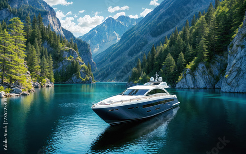 Yacht travelling between tall cliffs. Embracing luxury and adventure on a mediterranean journey with the sun kissed horizon and turquoise waters as witness.