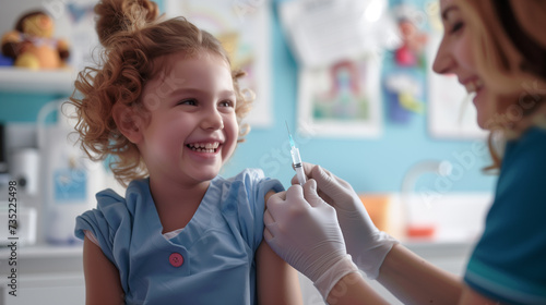 Child receiving vaccination from a friendly nurse in pediatric clinic