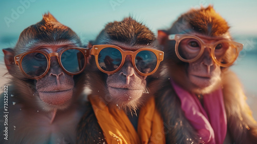 Three funny monkeys wearing human clothes and glasses. Humor.