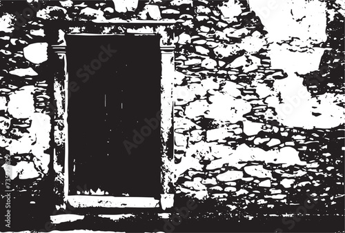 Old brick wall with boarded up wooden boards window. Wall of an abandoned ruined building