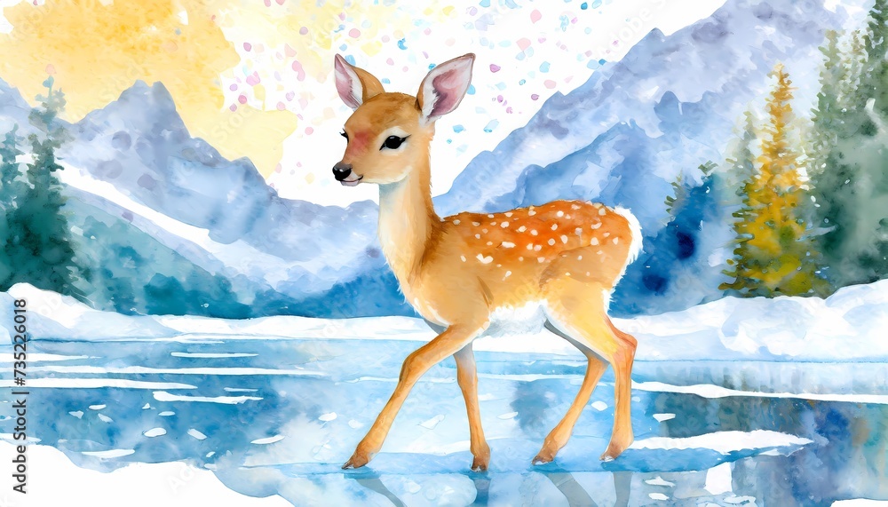 little deer fawn on the ice and in the forest, watercolor drawing for ...