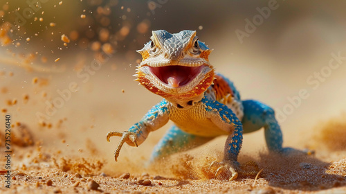 A lizard runs along the sand in the desert. Close-up of the lizard photo