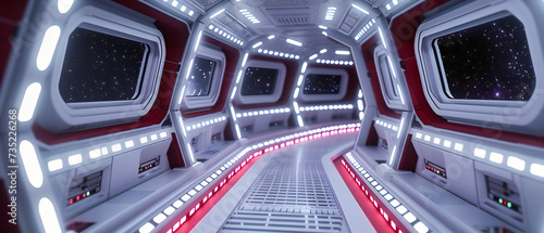 Inside a futuristic corridor, resembling a spaceship or science fiction setting, with sleek design and illuminated by ambient light