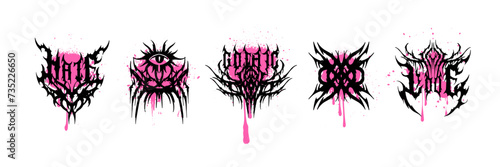 Gothic Neo tribal lettering tattoo set, dark rock symmetry graffiti print, metal music cover divider. Futuristic y2k trendy typography word, love rock aesthetic clipart. Gothic tattoo Celtic border